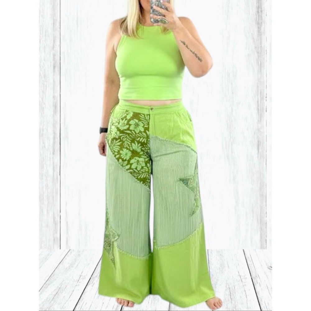 POL Striped Floral Patchwork Wide Leg Pants Green Boho Star Patch Palazzo NEW - Picture 8 of 12